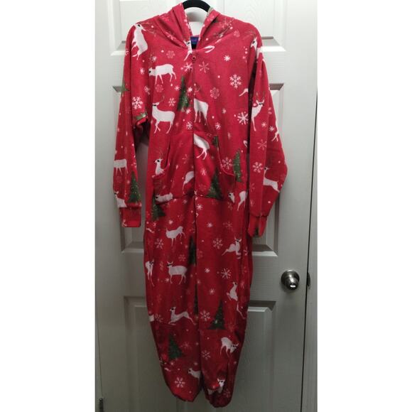 XmasComing NEW Unisex Size Small Red Fleece One Piece Hooded Reindeer Pajamas - Picture 2 of 8